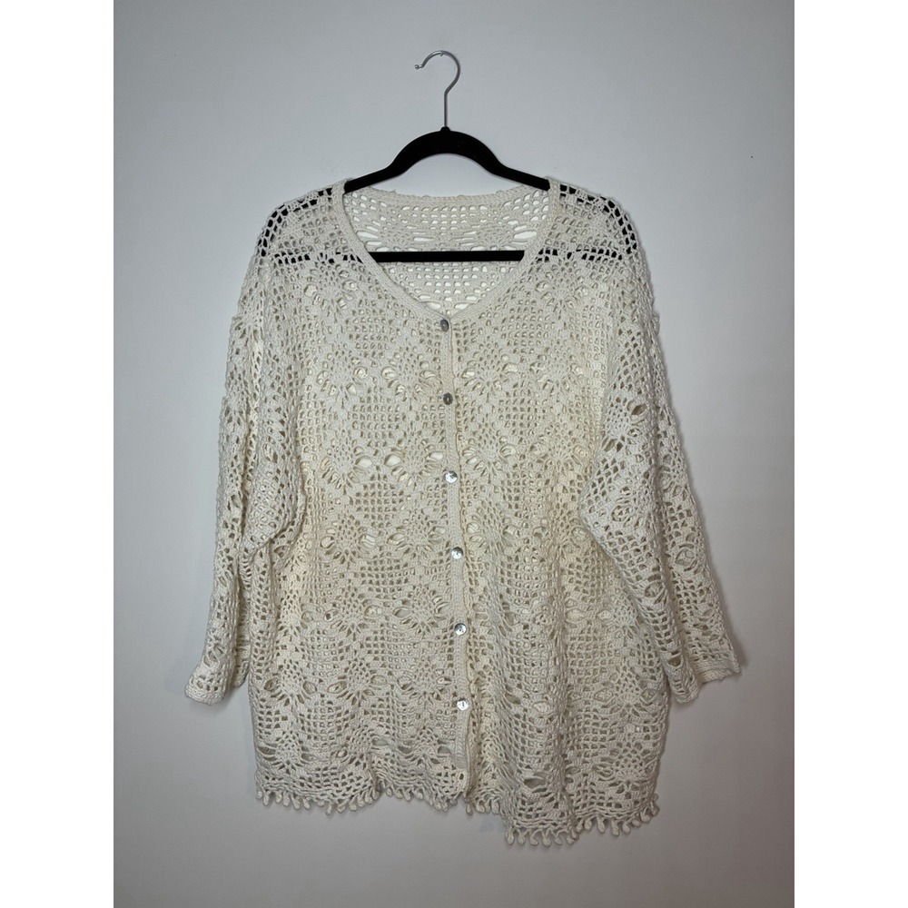 cream-colored open-knit crochet cardigan V-neck Vintage Inspired Boho Fairy 2XL